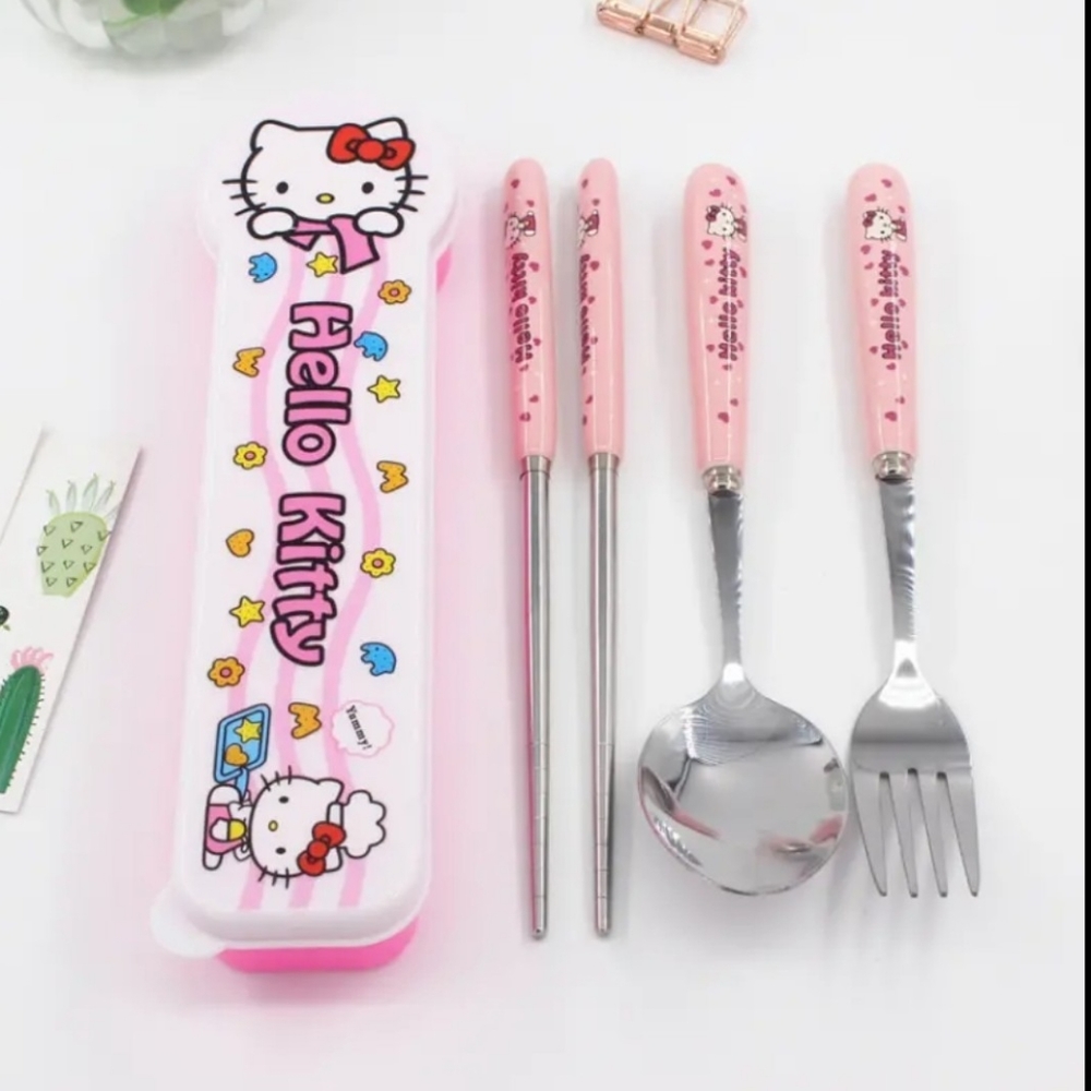Hello Kitty Stainless Steel Chopsticks, Fork and Spoon Set.